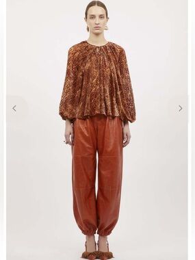 ULLA JOHNSON Pauline‎ Blouse Sienna Peasant Burnt Orange Velvet Long Sleeves